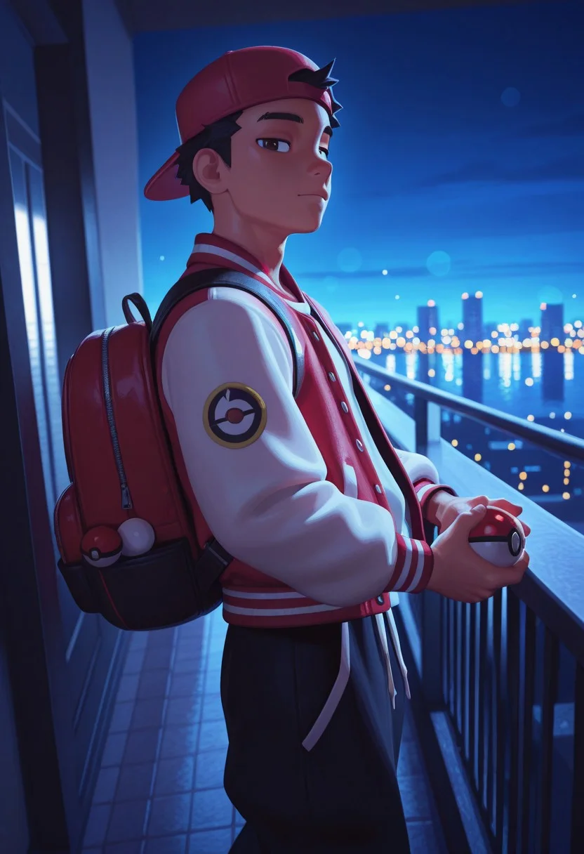 masterpiece, best quality, absurdres, highres, high quality, highly detailed, official art, gloss_(hotglossed), Hoovesart, pixelsketcher, 3d, stylized realism, (bokeh:1.1), no lineart, coastal city at night,
1male, solo, detailed face, letterman jacket, oversized jacket, baggy pants, side view, leaning on balcony, pokeballs attached to backpack straps, holding pokeball, walking towards viewer, soft lighting on male, rim lighting, backpack, backwards cap