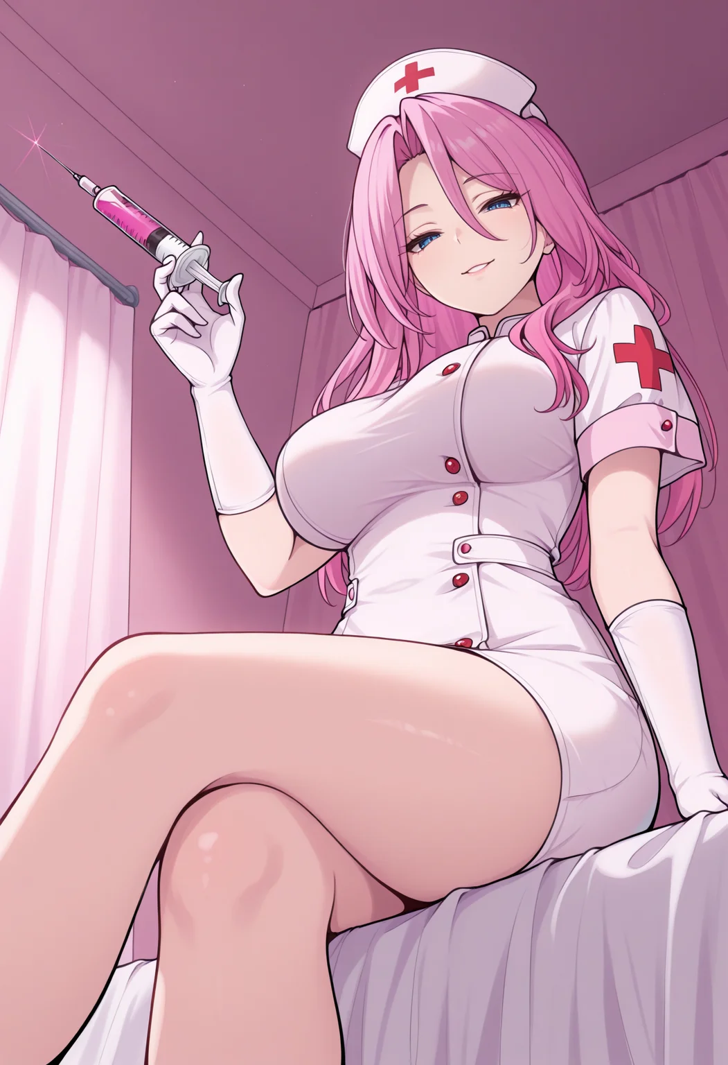 masterpiece, best quality, 1girl solo, ChaJdHSR, blue eyes, pink hair, long hair, nurse cap, nurse, gloves, holding syringe, large syringe, bed, from below, seductive smile, sitting, <lora:ChamJadeHSRIllustriousXL:1>