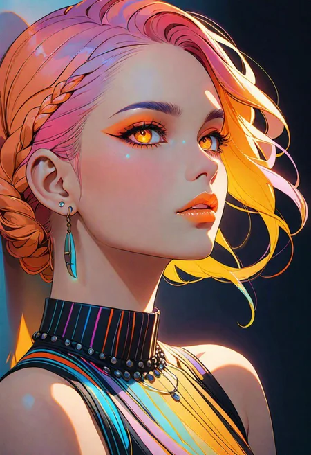 Light Projection,a portrait of a beautiful woman painted on wall with light,stunning beauty,soft light, pastel colors, muticolore hair, punk, line art,simple background, modernism, glowing lips, piercings, lips closed, light smile, masterpiece, natural style, braids, neon, detailled iris, yellow and orange detailled eyes