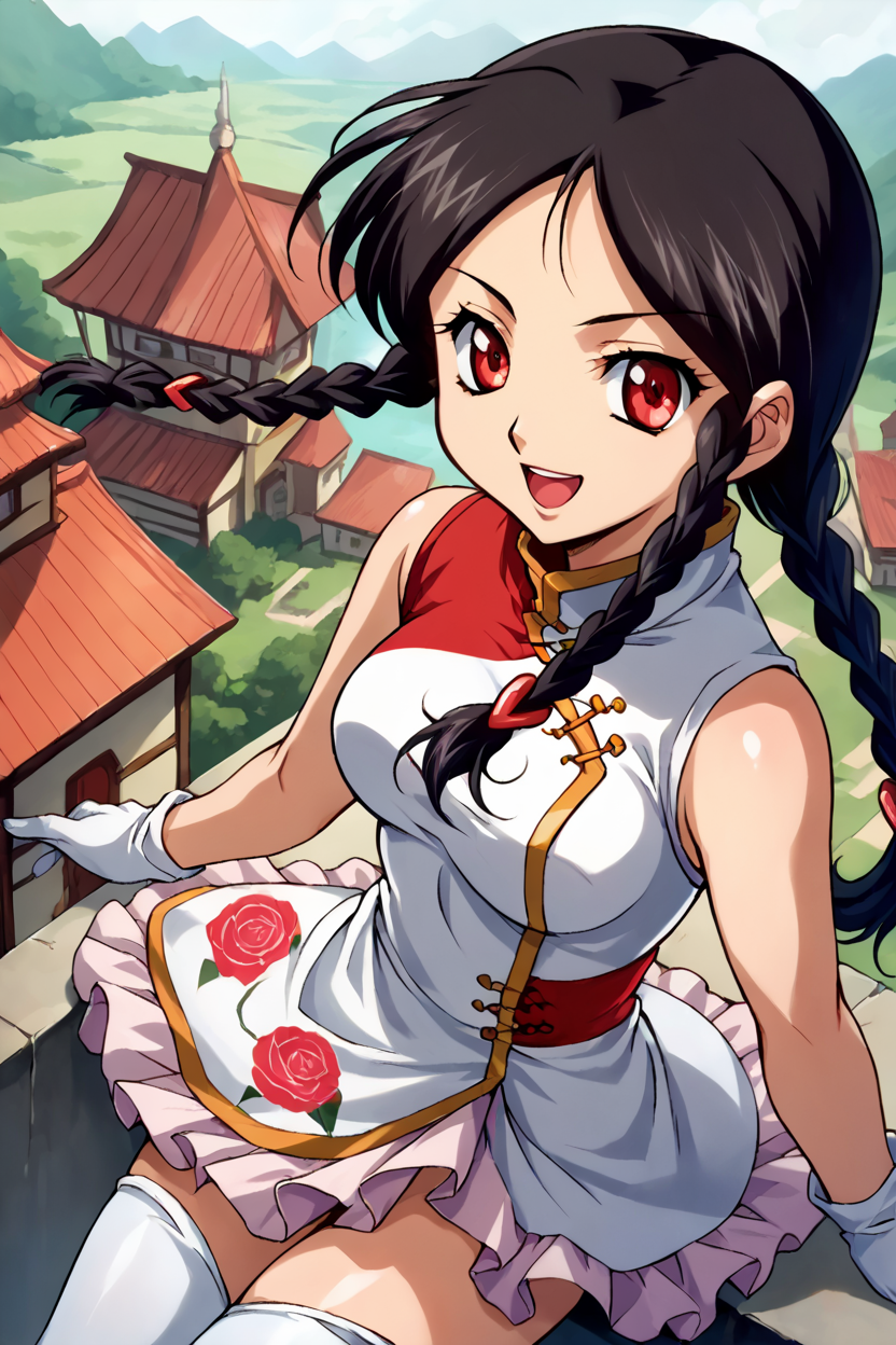 score_9, score_8_up, score_7_up, source_anime BREAK 1girl, solo, kiddy_tweedledee, 1990s\(style)\, china dress, frills, white gloves, elbow globes, white thighhighs, black hair, long hair, twin braids, red eyes, looking at you, smile, open mouth, from above, china town <lora:kg_tweedledee:1>