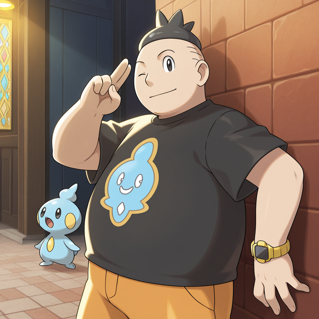 radiant reflections, rich color tones, deep contrast, intricate textures, luminous lighting, cinematic ambiance, shimmering gradients, best quality, colorful, masterpiece, detailed_background, <lora:tierno-v1:1> (p-benigno), 1boy, chubby, young:0.5, black t-shirt, print t-shirt, pokemon \(creature\) print, black watch, orange capri pants, against wall, two-finger salute, from side, leaning back, looking at viewer, outdoors, one eye closed, upper body,