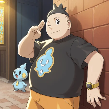 radiant reflections, rich color tones, deep contrast, intricate textures, luminous lighting, cinematic ambiance, shimmering gradients, best quality, colorful, masterpiece, detailed_background, <lora:tierno-v1:1> (p-benigno), 1boy, chubby, young:0.5, black t-shirt, print t-shirt, pokemon \(creature\) print, black watch, orange capri pants, against wall, two-finger salute, from side, leaning back, looking at viewer, outdoors, one eye closed, upper body,
