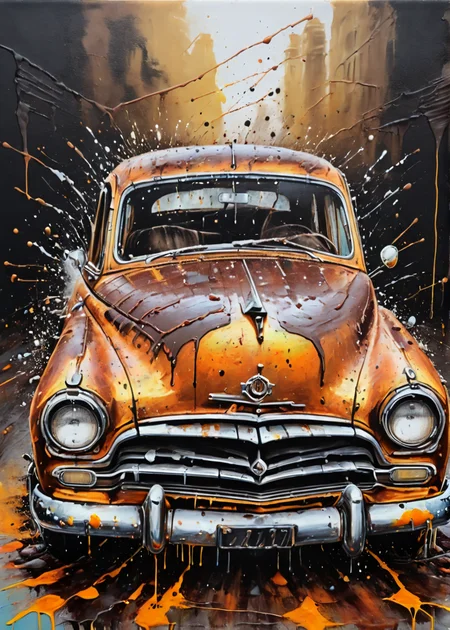 a old car, rusty, <lora:MS_AcrylicArt_V1_SDXL:1> acrylic_painting, painting, brush strokes, paint drops, paint splatter
