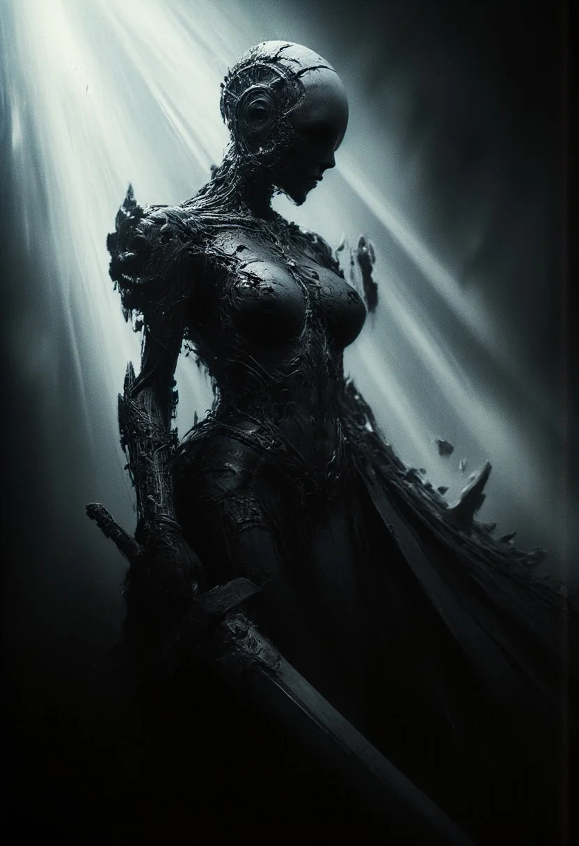 analog film photo (art by Zdzislaw Beksinski:2). baroque style. gothic. skinny woman. mechanical. giant cyberpunk sword. epic, glorification, backlit, god rays, <lora:- Flux1 - vanta_black_V1.0.safetensors:0.5>, <lora:aiai-Glimra-Flux-Dev-v2.safetensors:0.5>, aiai-Glimra <lora:Dever_Flux_Enhancer.safetensors:0.5>, <lora:ARTifacts.safetensors:0.75>, <lora:Movie_Portrait.safetensors:0.75>, . faded film, desaturated, 35mm photo, grainy, vignette, vintage, Kodachrome, Lomography, stained, highly detailed, found footage