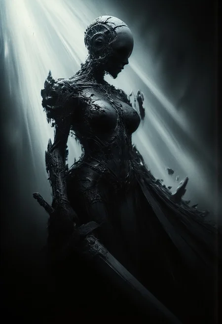analog film photo (art by Zdzislaw Beksinski:2). baroque style. gothic. skinny woman. mechanical. giant cyberpunk sword. epic, glorification, backlit, god rays, <lora:- Flux1 - vanta_black_V1.0.safetensors:0.5>,  <lora:aiai-Glimra-Flux-Dev-v2.safetensors:0.5>, aiai-Glimra <lora:Dever_Flux_Enhancer.safetensors:0.5>,  <lora:ARTifacts.safetensors:0.75>,  <lora:Movie_Portrait.safetensors:0.75>,  . faded film, desaturated, 35mm photo, grainy, vignette, vintage, Kodachrome, Lomography, stained, highly detailed, found footage