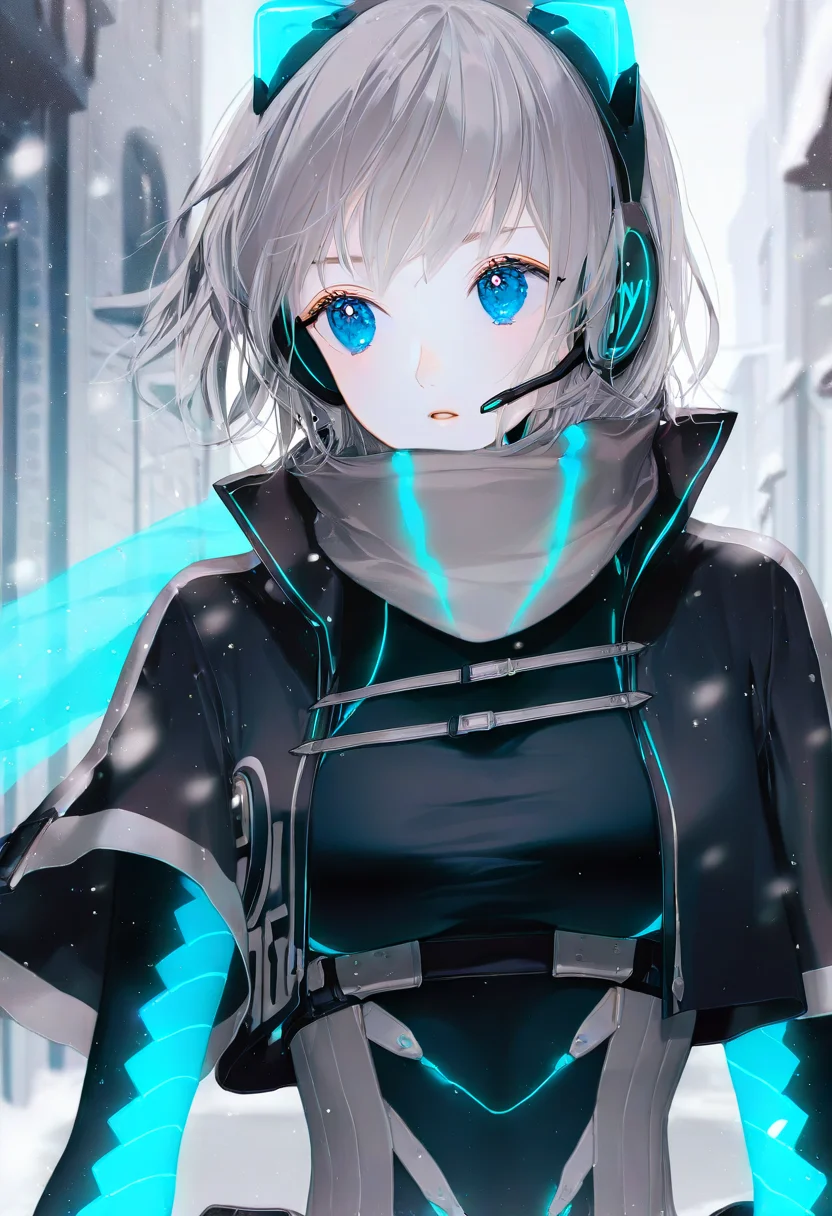 artist:gomzi,artist:wanke,artist:diyokama,
1girl, solo,
icey, blue eyes, grey hair, short hair, fake animal ears,
neon trim, grey scarf, cropped jacket, black jacket, black bodysuit, blue gloves, multiple belts, short shorts, taut clothes,
upper body, snowing, town,
<lora:icey.ilxl:1>