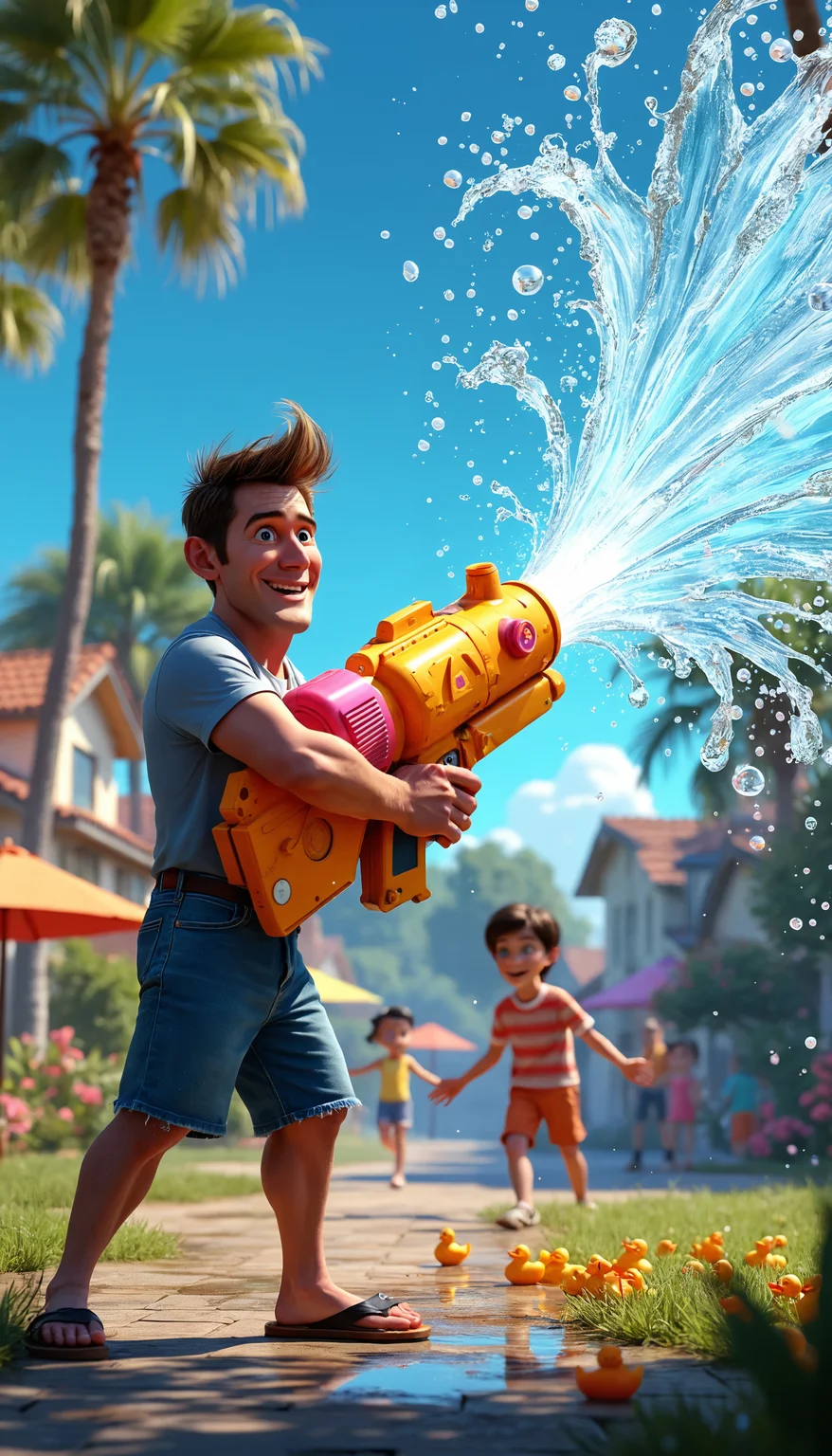 suburban backyard bursting with vibrant colors. In the foreground, an enthusiastic dad with a cartoonishly exaggerated grin stands proudly wielding a comically oversized, neon-colored water gun. His stance is heroic, legs apart, one eye squinted as he takes aim. The water gun is almost as big as he is, covered in wacky dials, pressure gauges, and blinking lights.