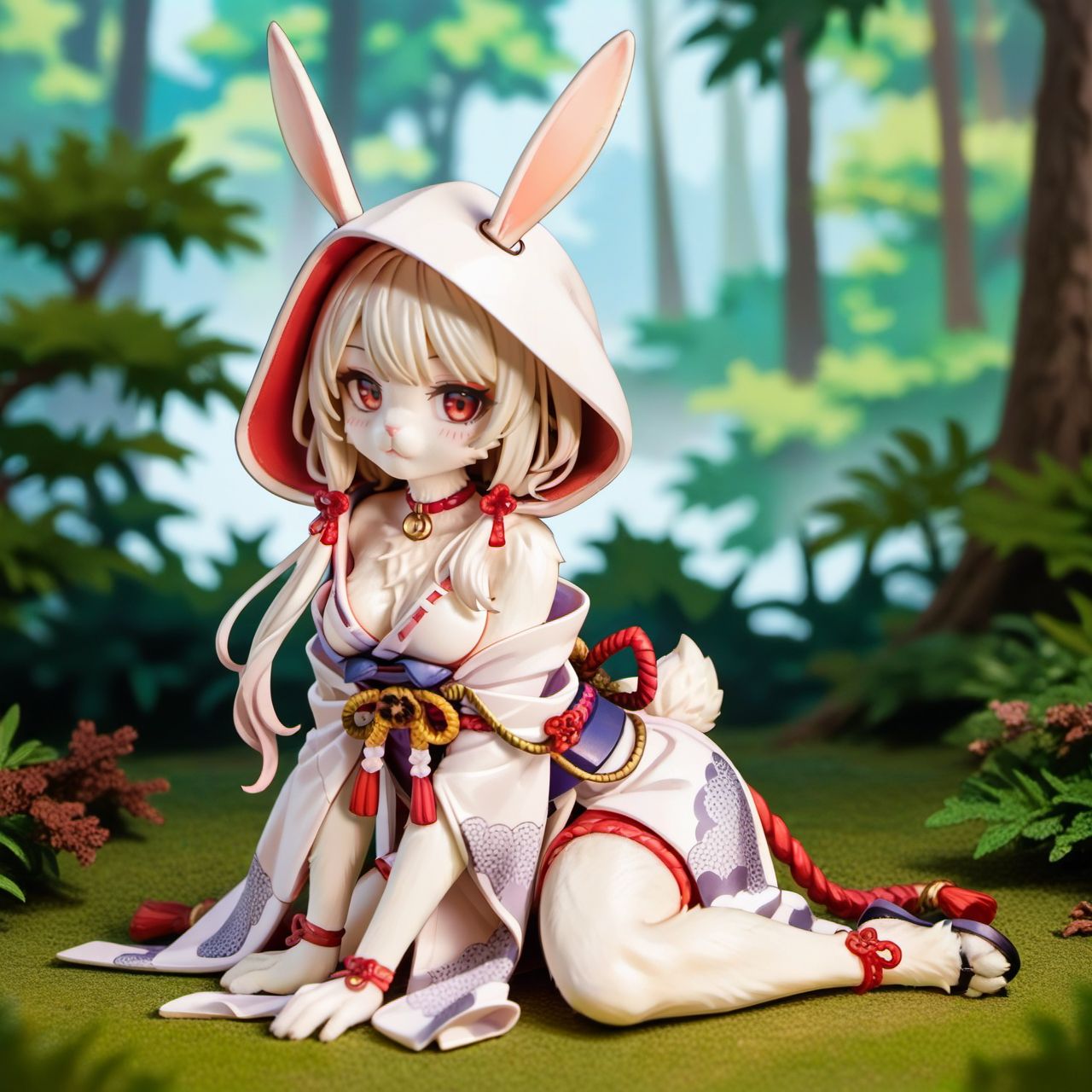 score_9, score_8_up, score_7_up, score_6_up, yuran, rabbit ears, rabbit tail, white fur, body fur, 
1girl, solo, furry female, animal ears, hood, looking at viewer, hood up, japanese clothes, kimono, red eyes, choker, closed mouth, red choker, sash, breasts, kneeling, blush, (forest, nature background),
<lora:ava_choco_yuran_race_v1-000005:0.9>,
<lora:add-detail-xl:1>,