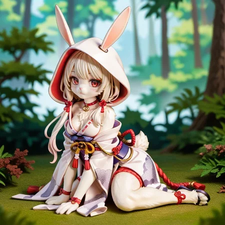 score_9, score_8_up, score_7_up, score_6_up, yuran, rabbit ears, rabbit tail, white fur, body fur,
1girl, solo, furry female, animal ears, hood, looking at viewer, hood up, japanese clothes, kimono, red eyes, choker, closed mouth, red choker, sash, breasts, kneeling, blush, (forest, nature background),
<lora:ava_choco_yuran_race_v1-000005:0.9>,
<lora:add-detail-xl:1>,