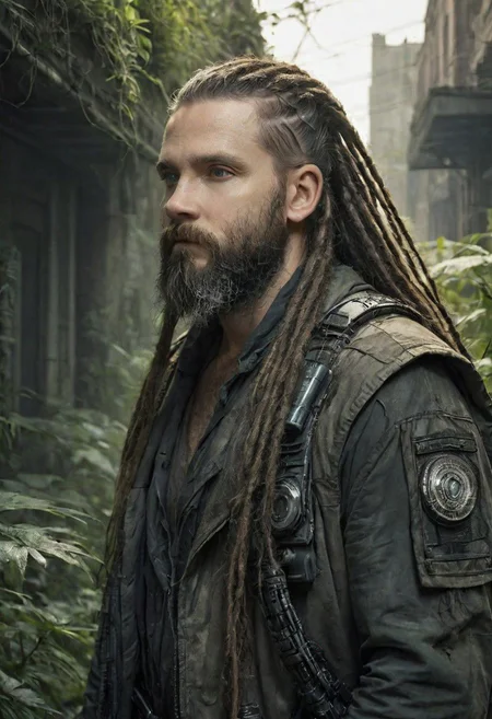portrait of a bearded man, a lot of long dreadlocks with braids, old jacket, (in a post apocalyptic city overgrown with lush vegetation:1.3), by Luis Royo, by Greg Rutkowski, epic realistic, dark, gritty, intricate, volumetric lighting, volumetric atmosphere, concept art, octane render, trending on artstation, 8k, dynamic pose Artstation, made of intricate realistic white glowing circuits and robotic parts covered in polished obsidian and onyx plates, cinematic lighting, photo realistic