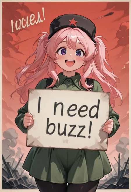 masterpiece, best quality, good quality, very aesthetic, absurdres, newest, 8K, depth of field,1girl, (CivChan, purple eyes, pink hair, long hair, two side up), sharp focus, smile, open mouth, upper teeth only, soviet propaganda poster, traditional media, retro artstyle, limited palette, multiple monochrome, cowboy shot, red sky, clouds, battlefield background, smoke, soviet, green military uniform, black ushanka, fur hat, black pantyhose, ((need buzz, holding sign))