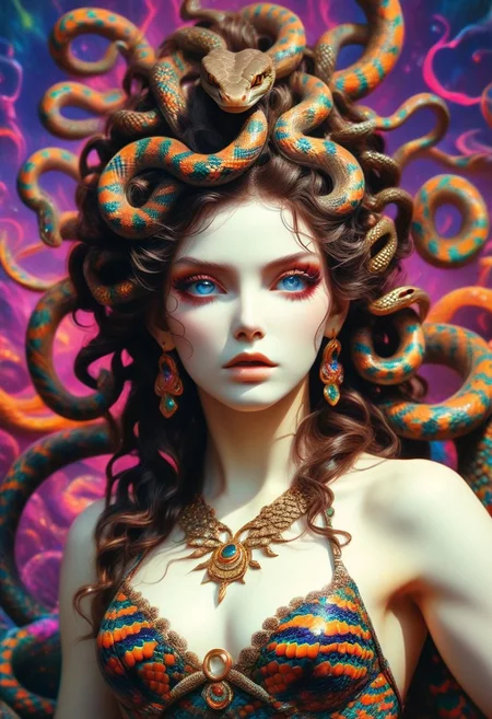 (masterpiece, best quality, stunning, highly detailed, close-up view of a medusa creature, (intricate snakes made of psych3delic, detailed scales, detailed psych3delic-like hair, snake hair), dramatic lighting, HDR, (mythical, fantasy, dreamlike), oil painting), legendary creature, trending on artstation