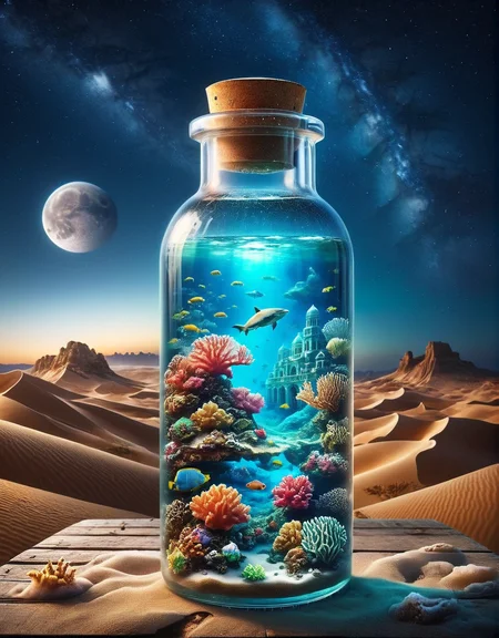 ais-bttl, inside bottle underwater Atlantis, outside bottle desert landscape with a clear night sky <lora:ais-bttl-sdxl:1>
