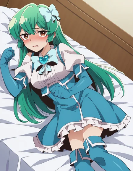 score_9, score_8_up, score_7_up, source_anime,
sayominakami, <lora:sayo-minakami-ponyxl-lora-nochekaiser:1>
sayo minakami, long hair, brown eyes, bow, hair bow, green hair,
skirt, gloves, boots, elbow gloves, magical girl, blue gloves,
indoors, bed, bed room, on side, blush, drunk,
looking at viewer, dutch angle, cowboy shot
