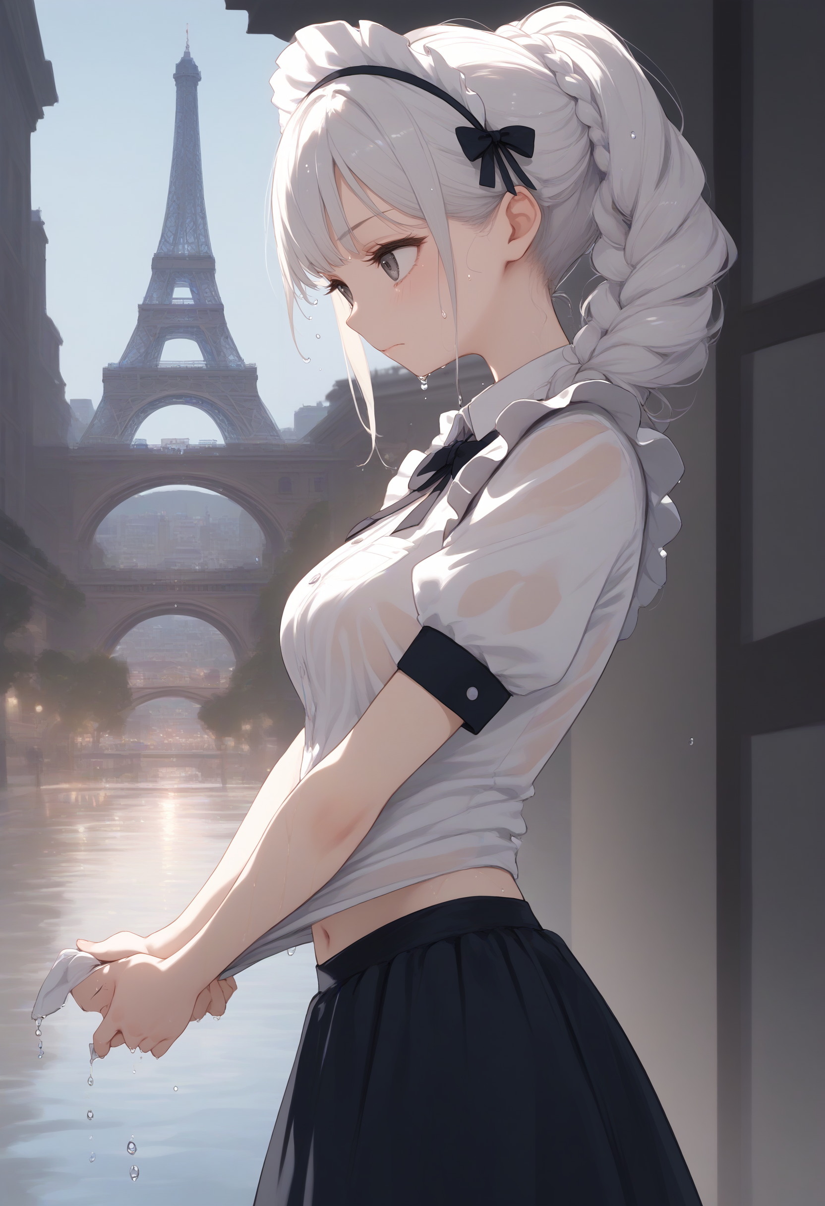 score_9, score_8_up, score_7_up, source_anime,
1girl,solo,medium breasts, maid, maid headdress,navel,
wringing clothes, wet clothes, wet hair, water drop,short sleeves, <lora:wringingclothes_Pony_v1:0.8>
from side, fisheye lens, looking ahead, white hair, gray eyes,disappointed, Paris city, closed mouth, braid ponytail hair,,