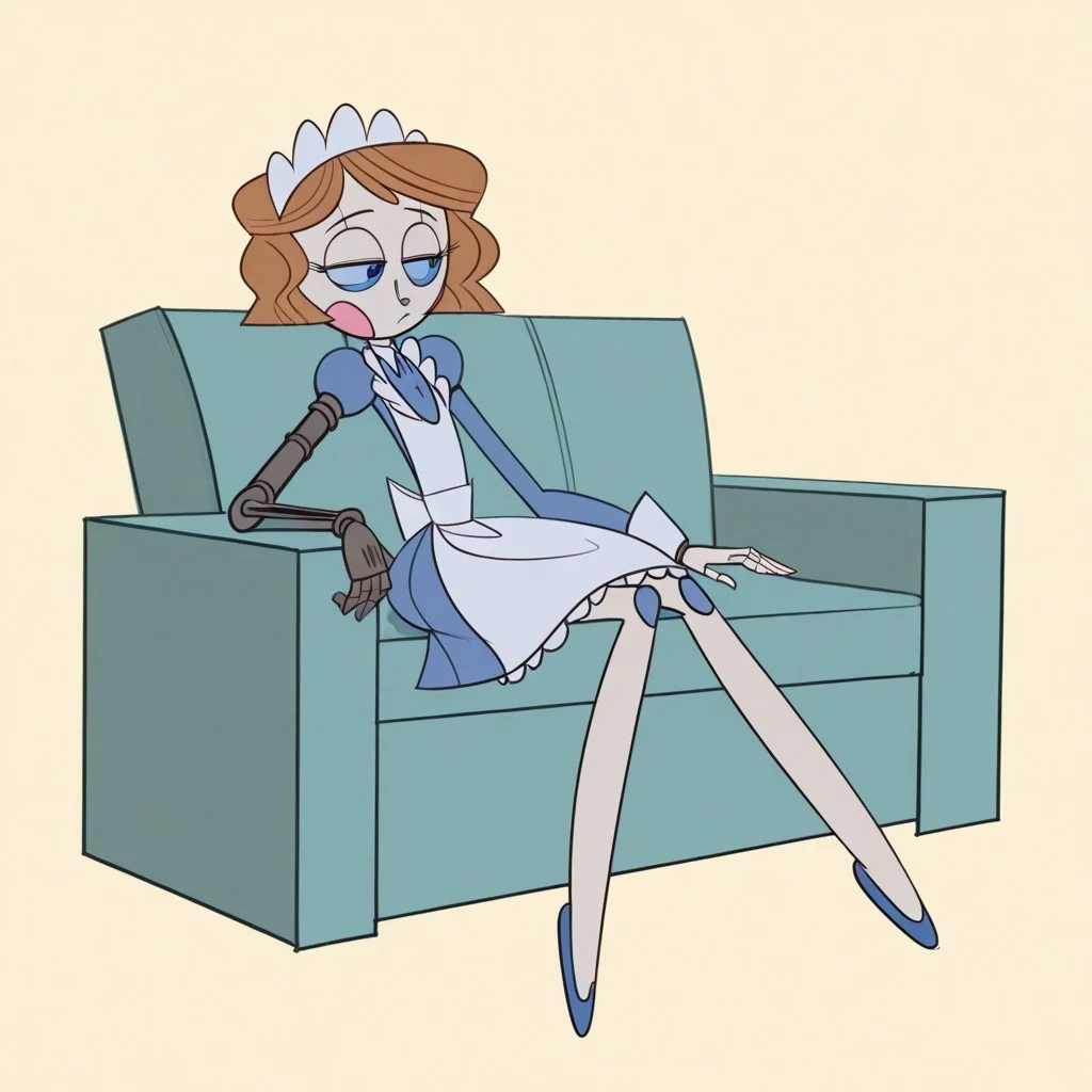 1girl, solo, full body,
Emmy, nandroid, brown hair, blue eyes, maid headdress, maid uniform, alt right arm,
Sitting, somber, Half-closed eyes, looking at right hand