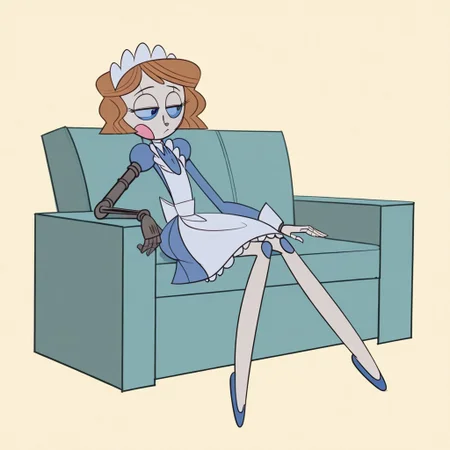 1girl, solo, full body,
Emmy, nandroid, brown hair, blue eyes, maid headdress, maid uniform, alt right arm,
Sitting, somber, Half-closed eyes, looking at right hand
