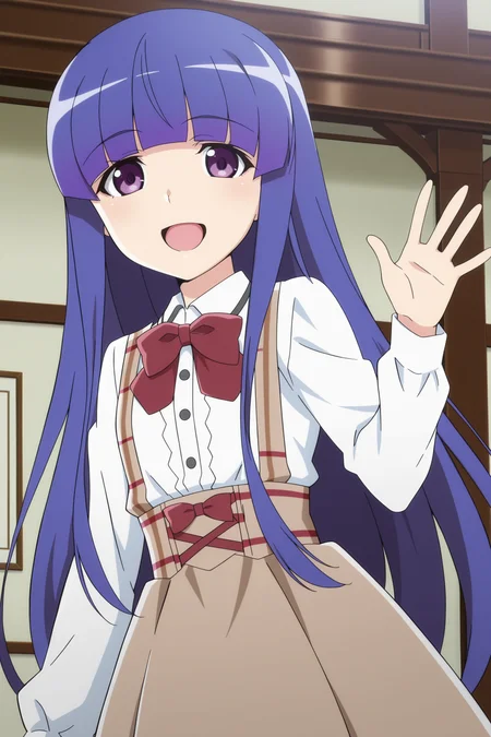 anime screencap, anime coloring, detailed face, masterpiece, best quality, very aesthetic, absurdres, volumetric lighting, official style, amazing quality, ultra detailed, highres, amazing quality, scenery, beautiful detailed hair, beautiful detailed eyes,
<lora:Rika_Furude_teenage_appearance_Higurashi_When_They_Cry_-_Gou_and_Sotsu:.8>
Rika dress with red bow (outfit), 1girl, long hair, solo, bow, smile, furude rika, shirt, purple eyes, white shirt, looking at viewer, blunt bangs, red bow, blue hair, long sleeves, bowtie, cowboy shot, waving to the viewer, happy girl, mouth open,