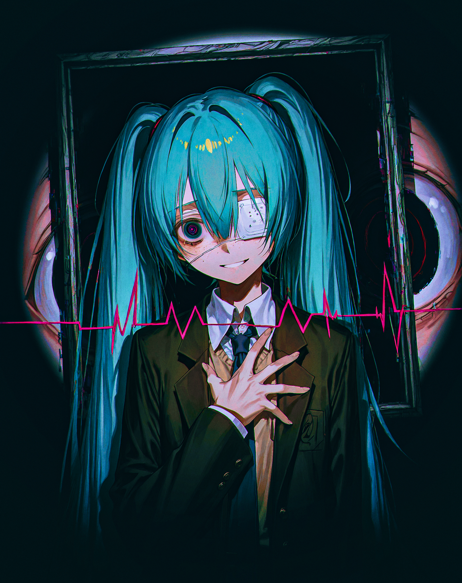 horror \(theme\),picture frame, glitch,background of eyes, abstract ,(disembodied_eye:1.3),upper body 1girl,yandere,smile,  (cardiogram:1.2) , hand on chest, grabbing own chest<lora:mikumonitoring:.5> hmmonitoring, hatsune miku, very long hair, twintails, bangs, hair between eyes, medical eyepatch, freckles, school uniform, collared shirt, necktie, jacket, open jacket, long sleeves,(dark:1.1), darkness, black, surreal, multicolor,  iridescent, (square panel:0.65), (corner pattern:0.75),spotlight,  <lora:spotlightIL:.35>,(tidsean:0.9),(misyune:1.1),wanke,(reoen:0.9),(rei \(sanbonzakura\):0.9),suihei sen, <lora:DarkerThanBlackIllustrious:.5> <lora:tekito midori Style for illustriousXL:.3> tekito midori <lora:mqgire:.3>