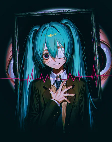 horror \(theme\),picture frame, glitch,background of eyes, abstract ,(disembodied_eye:1.3),upper body 1girl,yandere,smile, (cardiogram:1.2) , hand on chest, grabbing own chest<lora:mikumonitoring:.5> hmmonitoring, hatsune miku, very long hair, twintails, bangs, hair between eyes, medical eyepatch, freckles, school uniform, collared shirt, necktie, jacket, open jacket, long sleeves,(dark:1.1), darkness, black, surreal, multicolor, iridescent, (square panel:0.65), (corner pattern:0.75),spotlight, <lora:spotlightIL:.35>,(tidsean:0.9),(misyune:1.1),wanke,(reoen:0.9),(rei \(sanbonzakura\):0.9),suihei sen, <lora:DarkerThanBlackIllustrious:.5> <lora:tekito midori Style for illustriousXL:.3> tekito midori <lora:mqgire:.3>