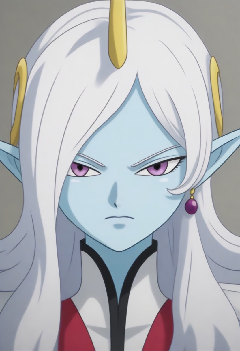 Masterpiece, Top Quality, source_anime, anime screencap, source_anime, auratheguillotine, anime screencap, masterpiece, source_anime, shiny skin,,,,towa(dragon ball), pointy ears, colored skin, blue skin, long hair, purple eyes,white hair, hair ornament, jewelry,