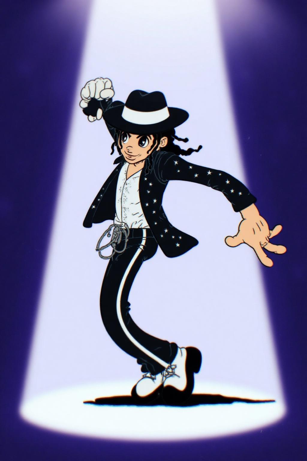 rubber hose animation style.
Michael Jackson is mid-dance under a spotlight, wearing a black fedora, black jacket with white star patterns, white shirt, black pants with white stripes, and white shoes. His arm is outstretched, holding a white glove. 
 <lora:rubberhose1_cap_d8a4:1.0><lora:844396708185022146:0>