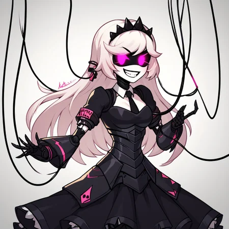 score_9, score_8_up, score_7_up, score_6_up, score_5_up, easynegative, Murder Drones, vmd, robot, white hair, princess hair, long hair sadistic grin, skirt-like armor plates hang down from her hips, long armor skirt, black dress, detached dress, her arms have been painted to appear like having evening gloves, medium bust, wire web background