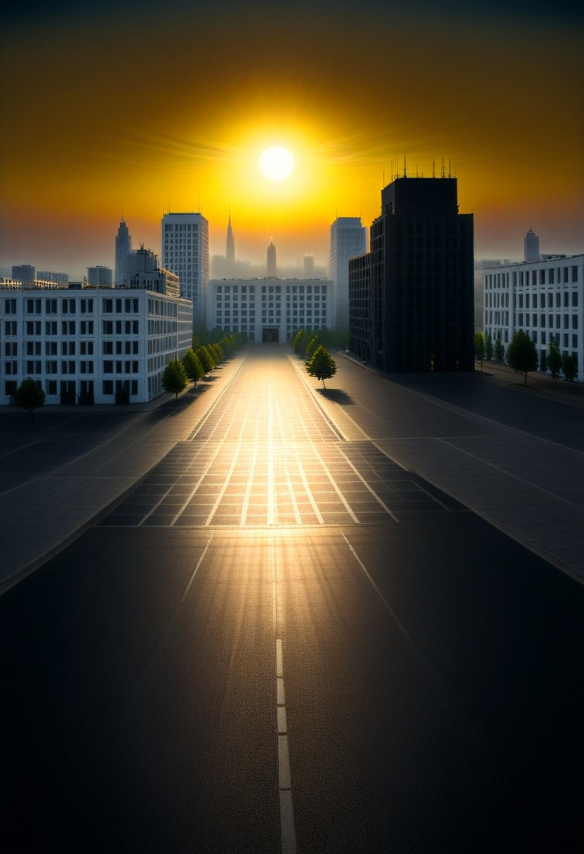 a huge empty asphalt square in the distance one can see massive but not tall rectangular white buildings with narrow black windows, nearby there are smaller rectangular buildings made of brick with square windows and a concrete canopy on the roof, next to them there are not tall trees, a white rectangular building with white edging and large windows, near the buildings you can also see small brick extensions without windows, just in the distance and as if in miniature you can see rectangular buildings with wide large rectangular black windows and white buildings lower but wide with very small black square windows, next to different rare trees are visible behind the buildings, behind all the buildings the yellow sun rises, but it does not dazzle and seems to be in a haze, but all this is as if in the distance and creates the opportunity to examine it all as a whole, and the viewer stands in the middle of perfectly smooth asphalt