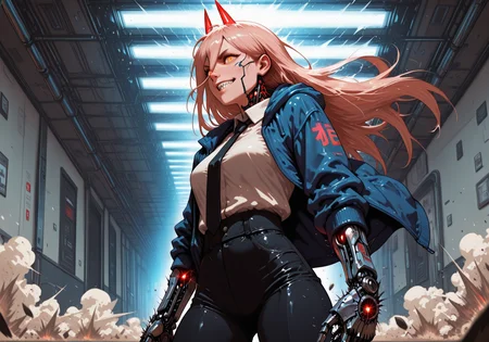 masterpiece, best quality, amazing quality, very aesthetic, absurdres, newest, cybernetic, cyborg, power_\(chainsaw_man\), low_angle, side_profile, dynamic_pose, action_scene, intense_motion, dramatic_perspective, chaotic_energy, mischievous_laugh, sharp_teeth, wide_grin, glowing_eyes, motion_blur, exaggerated_perspective, impact_sparks, dust_clouds, debris_in_air, slashing_motion, high_speed_movement, cinematic_lighting, glowing_red_lights, blue_jacket, white_shirt, black_tie, lore_accurate_outfit, indoors_at_night,<lora:cybernetic_ill.safetensors:1.0:1.0>