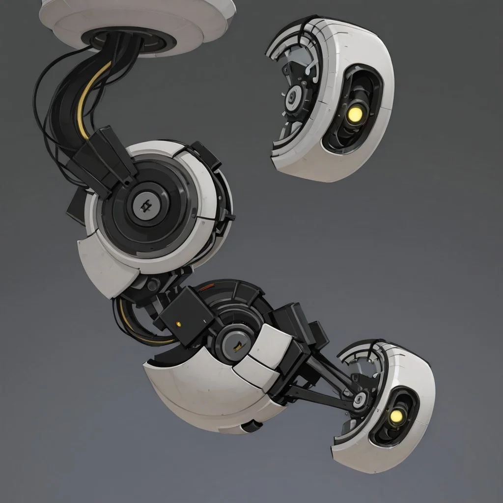 (( Original_design, Glados)), a white robot hanging from a circular fixture, general, simple background, grey background, from side, gradient, gradient background, no humans, robot, science fiction, non-humanoid robot, wheel, machine