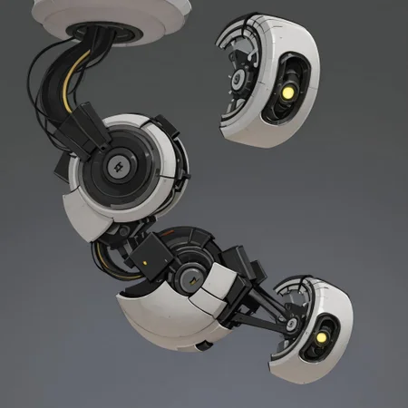(( Original_design, Glados)), a white robot hanging from a circular fixture, general, simple background, grey background, from side, gradient, gradient background, no humans, robot, science fiction, non-humanoid robot, wheel, machine