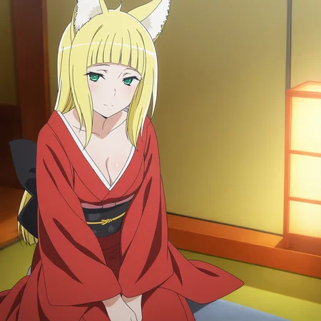 <lora:Haruhime-000018:0.7>Haruhime,solo,looking at viewer,light smile,red kimono,v arms,cleavage,seiza,indoors,sidelocks,