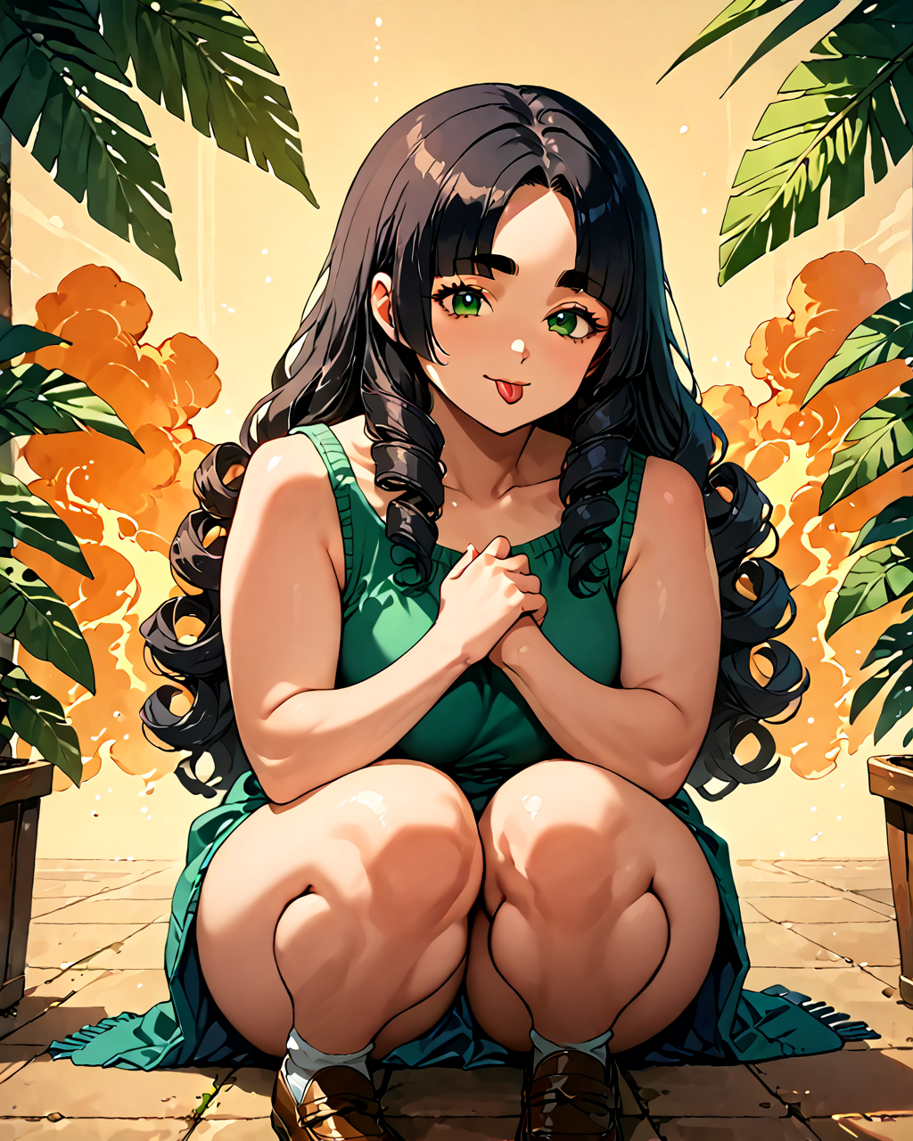 score_9, score_8_up, score_7_up, score_6_up, source_anime, rating_safe, ah1, 1girl, (curly hair), long hair, (black hair), mature female, (parted hair:1.7), (round face), (no_bangs:1.3), (no_fringe:1.6), looking at viewer, (thick eyebrows), (curvy), round-chin, (dark olive green eyes), caucasian, down-turned eyes, <lora:ETO_OCPonyXL:0.5> eto_oc, skindentation, thick thighs, wide hips, petite, busty, voluptuous,  kinky curls, puckered lips, bad-hands-5, (Seated cross-legged, hands resting atop her knees with palms facing upwards, she embodies serenity and spiritual awakening), (burning orange Visit an art gallery in a smart casual outfit and loafers), (in a society where people can communicate telepathically), (Face with a teasing tongue), <lora:ZootPonyAnime_V1_r2:0.5>, <lora:venus body PonyXL:0.8>, detailed,