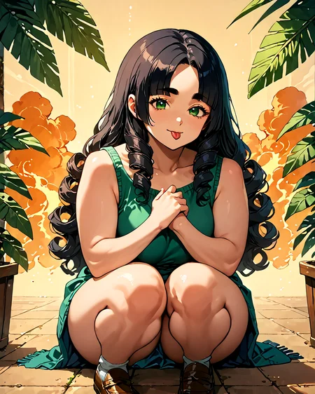 score_9, score_8_up, score_7_up, score_6_up, source_anime, rating_safe, ah1, 1girl, (curly hair), long hair, (black hair), mature female, (parted hair:1.7), (round face), (no_bangs:1.3), (no_fringe:1.6), looking at viewer, (thick eyebrows), (curvy), round-chin, (dark olive green eyes), caucasian, down-turned eyes, <lora:ETO_OCPonyXL:0.5> eto_oc, skindentation, thick thighs, wide hips, petite, busty, voluptuous, kinky curls, puckered lips, bad-hands-5, (Seated cross-legged, hands resting atop her knees with palms facing upwards, she embodies serenity and spiritual awakening), (burning orange Visit an art gallery in a smart casual outfit and loafers), (in a society where people can communicate telepathically), (Face with a teasing tongue), <lora:ZootPonyAnime_V1_r2:0.5>, <lora:venus body PonyXL:0.8>, detailed,
