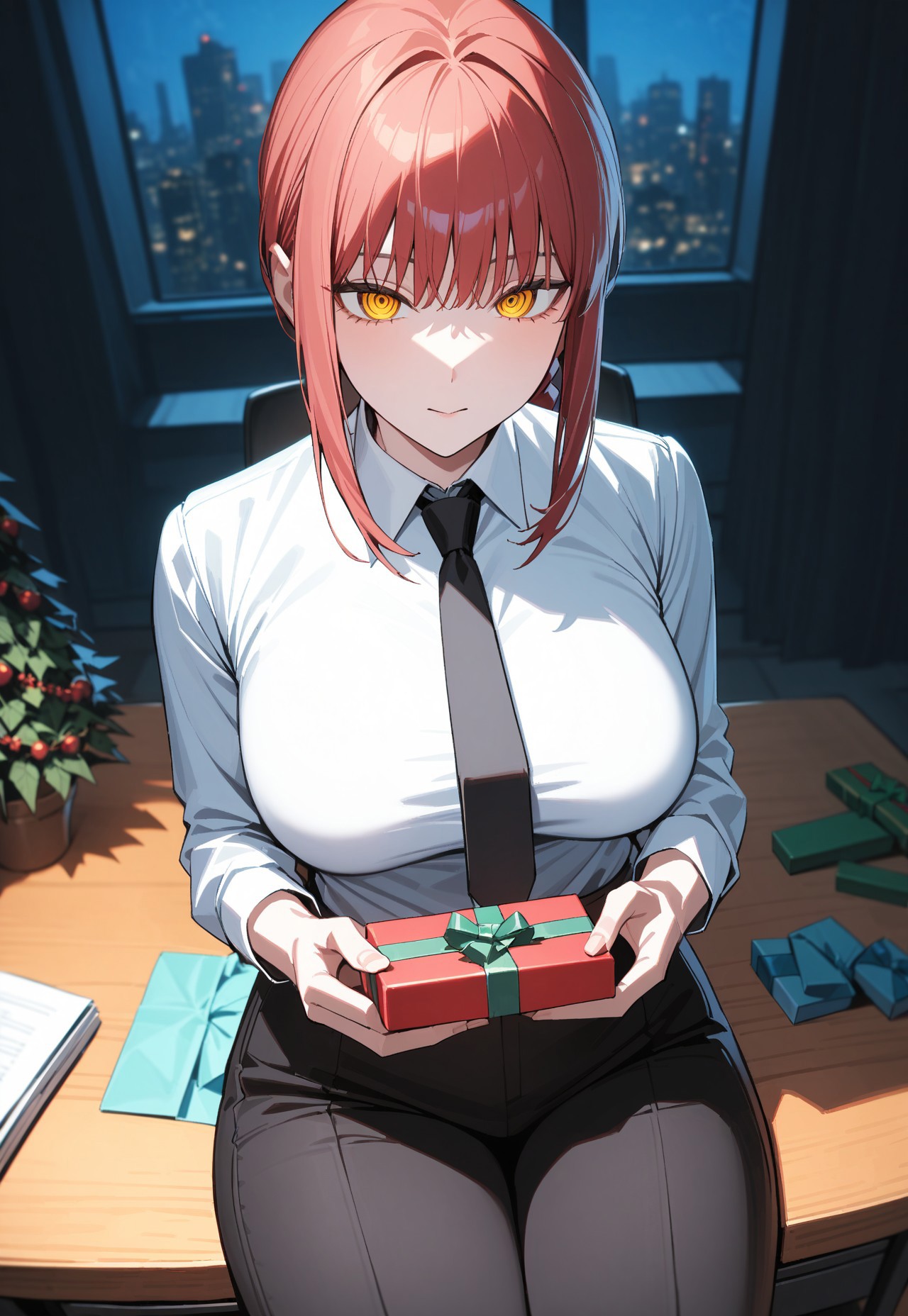 safe_pos, masterpiece, best quality, newest, absurdres, highres, vibrant, highly detailed, cowboy shot, 
BREAK 
1girl, solo, Makima, yellow_eyes, ringed_eyes, red_hair, long_hair, braided_ponytail, sidelocks, large_breasts, white_shirt, collared_shirt, black_coat, black_necktie, black_pants, high-waist_pants, (sitting on desk:1.4), holding christmas gift, small gift box, both hands on gift, looking at viewer, loving gaze, 
BREAK 
indoors, dark, office, desk, desk lamp, soft lights, warm colors, window, night, potted plants, office chair