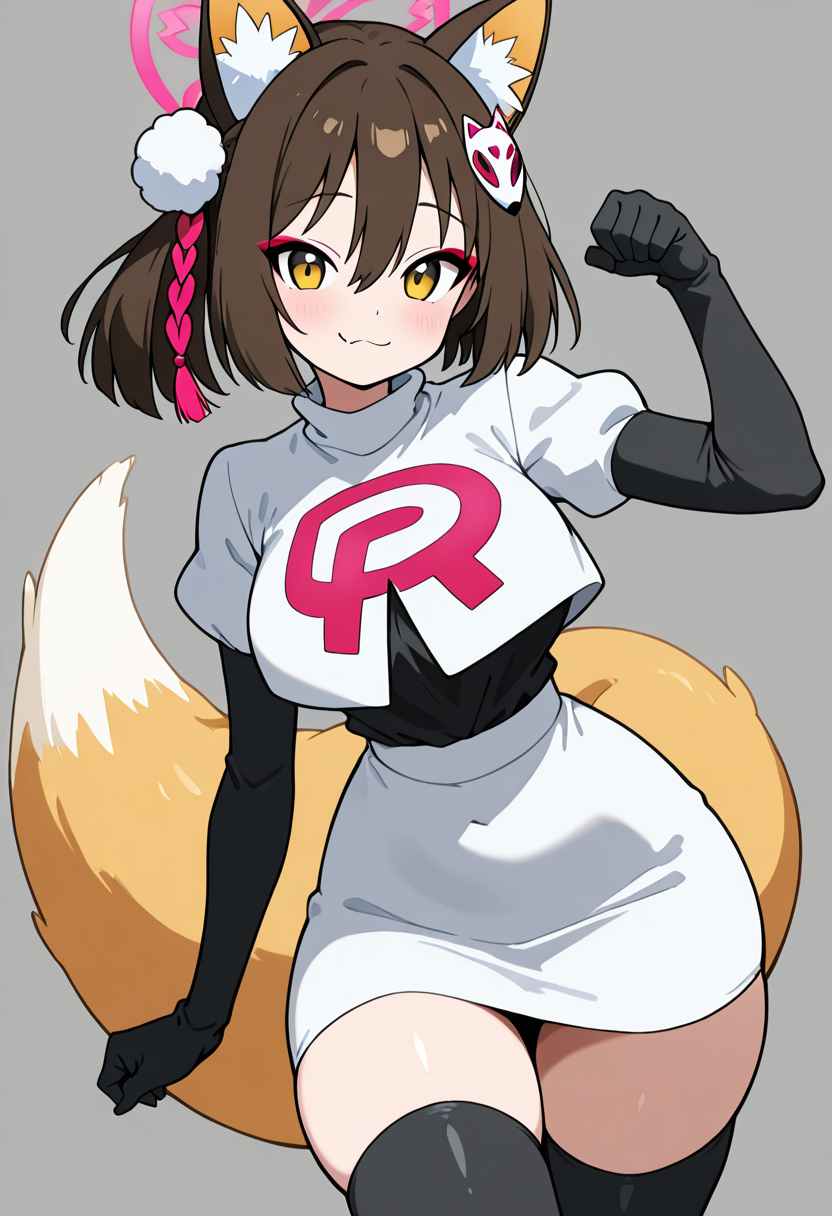 masterpiece, best quality, solo, curvy, beautiful eyes, narrow waist, wide hips, 1girl, solo, smile, looking at viewer, dynamic pose, paw pose,   zzIzuna, yellow eyes, fox ears, eyeshadow, hair between eyes, animal ear fluff, brown hair, hair ornament, medium hair, pink halo, pom pom hair ornament,   <lora:KudaIzunaBlueArchive_IXL_v1:1.0>,  , smile, looking at viewer, cowboy shot,  large breasts, smug, Cosplay_TeamRocket, team rocket uniform, white jacket, cropped jacket, white skirt, elbow gloves, black thighhighs, zettai ryouiki, <lora:CosplayTeamRocketIXL:1.0>,