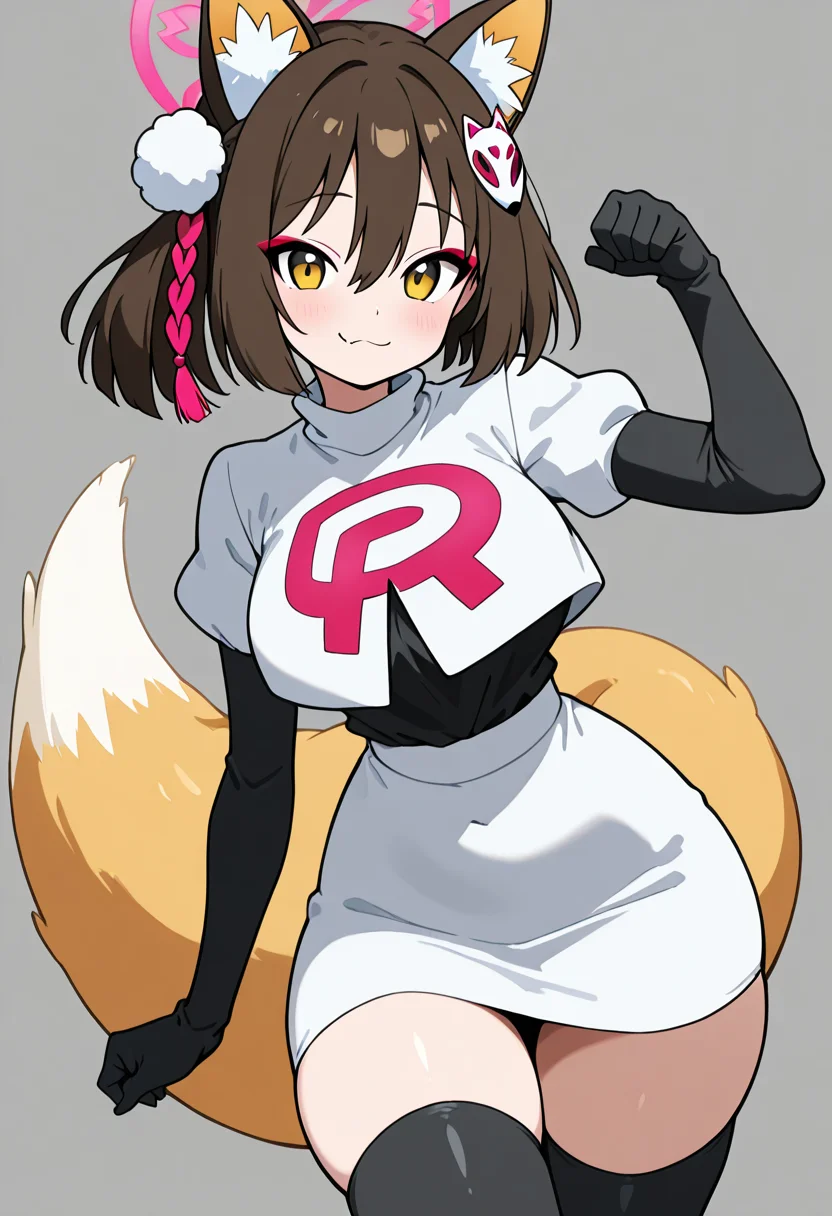masterpiece, best quality, solo, curvy, beautiful eyes, narrow waist, wide hips, 1girl, solo, smile, looking at viewer, dynamic pose, paw pose, zzIzuna, yellow eyes, fox ears, eyeshadow, hair between eyes, animal ear fluff, brown hair, hair ornament, medium hair, pink halo, pom pom hair ornament, <lora:KudaIzunaBlueArchive_IXL_v1:1.0>, , smile, looking at viewer, cowboy shot, large breasts, smug, Cosplay_TeamRocket, team rocket uniform, white jacket, cropped jacket, white skirt, elbow gloves, black thighhighs, zettai ryouiki, <lora:CosplayTeamRocketIXL:1.0>,