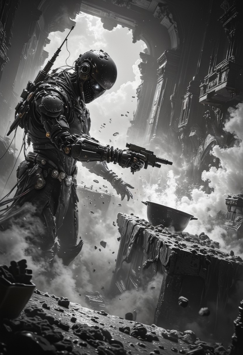 In a chaotic black-and-white kitchen, a droideka (Star Wars movie), struggles to cook. Lacking proper hands, it's attempting to stir a pot with its blasters, accidentally firing off a few shots. Smoke fills the room as a pan of food catches fire, and foam overflows from a pot of boiling water. Plates have crashed to the floor, and ingredients are scattered everywhere. The droideka, confused, stands in its defensive mode, half-collapsed, as the kitchen spirals further into chaos, with alarms blaring and sparks flying.