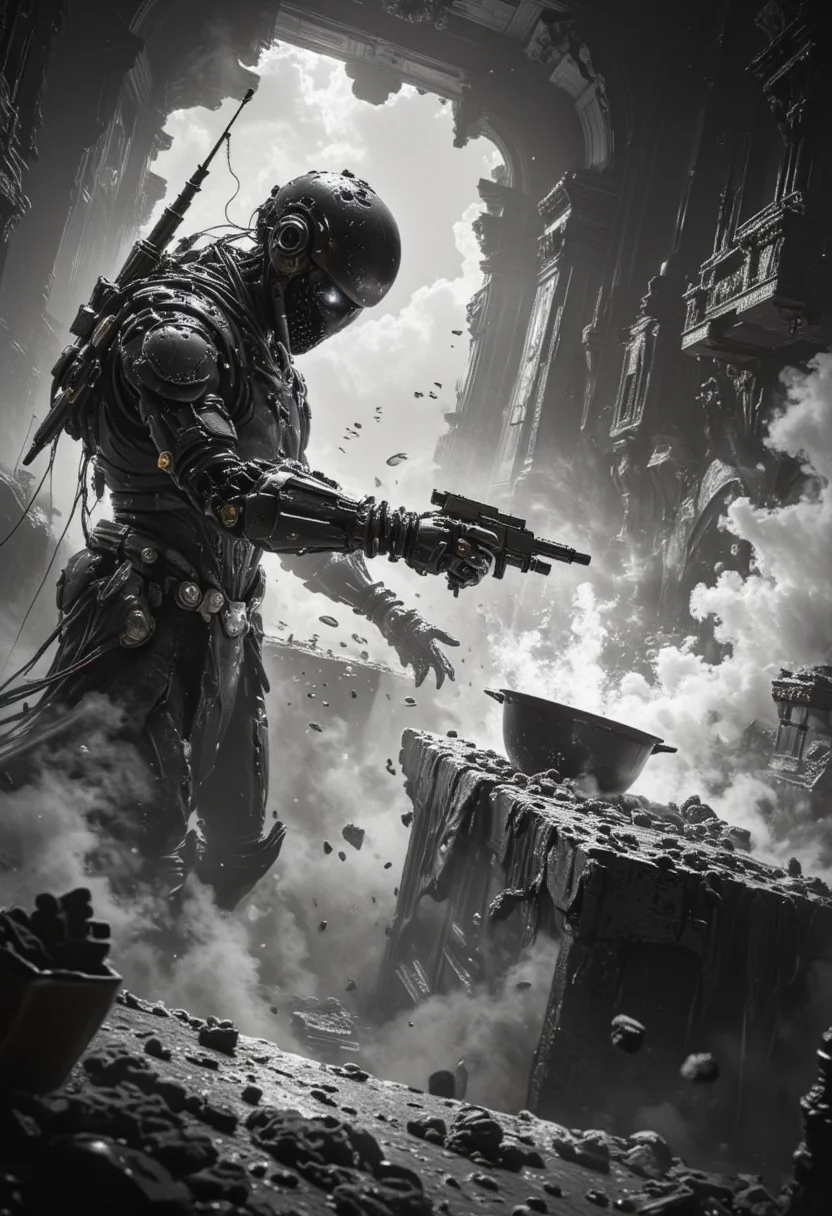 In a chaotic black-and-white kitchen, a droideka (Star Wars movie), struggles to cook. Lacking proper hands, it's attempting to stir a pot with its blasters, accidentally firing off a few shots. Smoke fills the room as a pan of food catches fire, and foam overflows from a pot of boiling water. Plates have crashed to the floor, and ingredients are scattered everywhere. The droideka, confused, stands in its defensive mode, half-collapsed, as the kitchen spirals further into chaos, with alarms blaring and sparks flying.