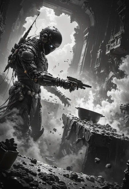 In a chaotic black-and-white kitchen, a droideka (Star Wars movie), struggles to cook. Lacking proper hands, it's attempting to stir a pot with its blasters, accidentally firing off a few shots. Smoke fills the room as a pan of food catches fire, and foam overflows from a pot of boiling water. Plates have crashed to the floor, and ingredients are scattered everywhere. The droideka, confused, stands in its defensive mode, half-collapsed, as the kitchen spirals further into chaos, with alarms blaring and sparks flying.