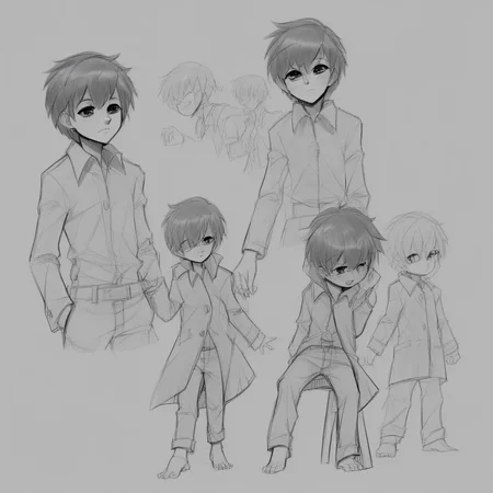 Boy wearing a white shirt and brown pants under a brown trench coat, tall young boy, brown hair,