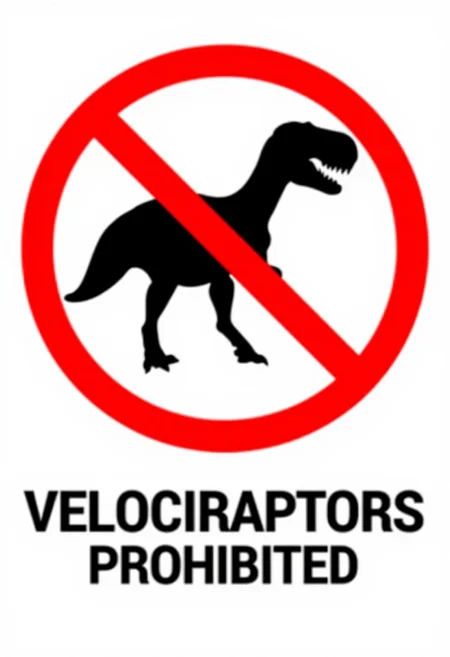 This is a digital graphic image featuring a vector symbol of a velociraptor. overlaying the photo is a bold, red circle with a slash in the middle, symbolizing prohibition or warning. The text below reads "VELOCIRAPTORS PROHIBITED"