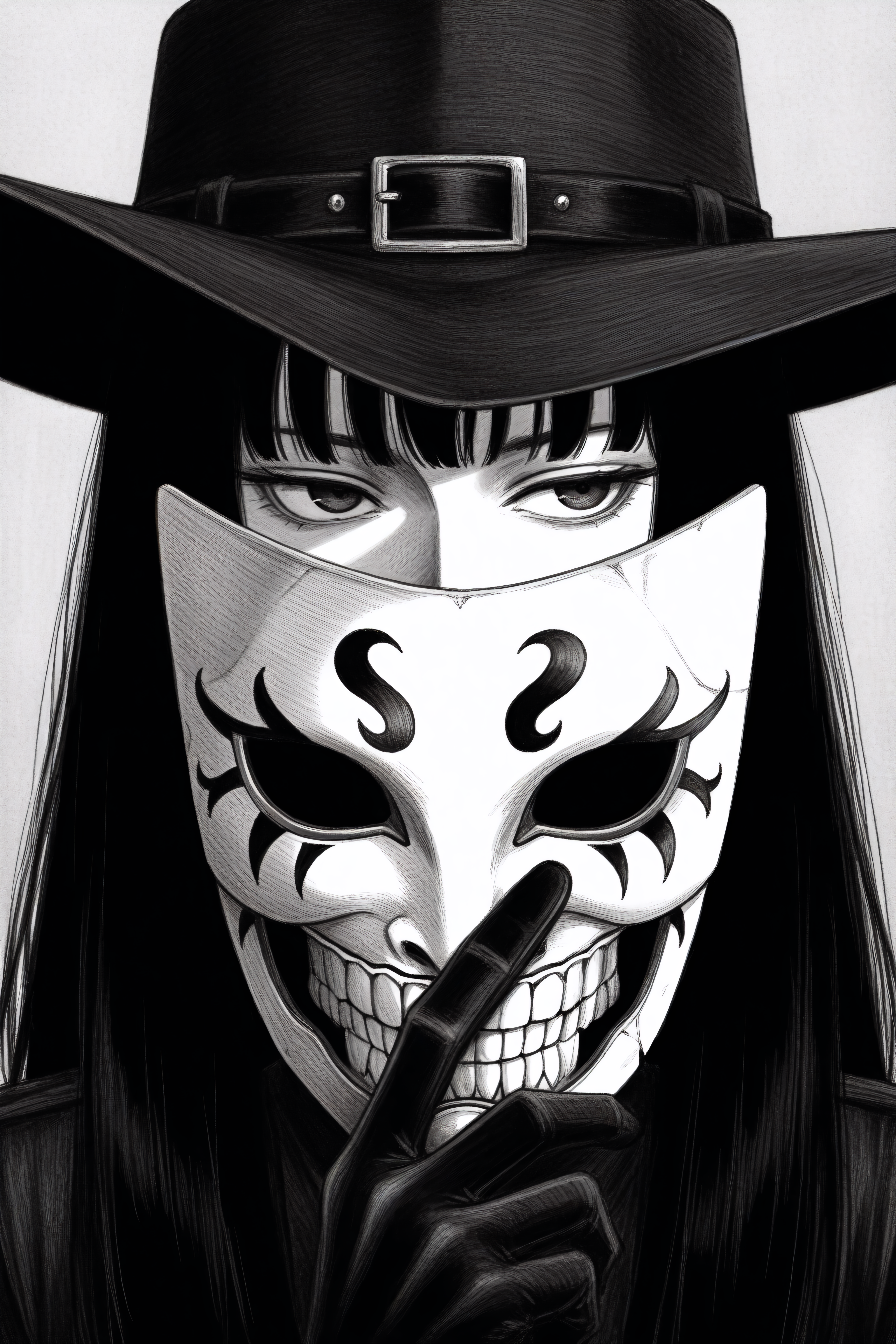 (masterpiece,best quality),<lora:tp1p1ptStyle-Illustrious-lora-Faxtron:0.7> tp_p_pt, monochrome, greyscale, highres, black_gloves, black_hair, gloves, grey_background, hat, holding, holding_mask, long_hair ,looking_to_the_side, mask, portrait, solo