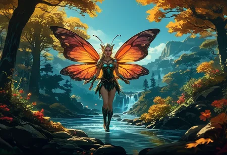 impactful color paint, highly detailed, of a cute flying elven women with butterfly wings, she is flying like a dragonfly over a lake with a beautiful waterfall in the background, she has hardly any clothes on, only leaves covering her breasts and crotch. The whole scene takes place in a dense dark fairytale forest with huge, colorful mushrooms with neon shine  instead of trees. The air is filled with magic and a light glitter.  <lora:Modern_Cartoon_Style:0.4>,  vibrant colors , 8k,   sharp,  professional, clear,   high contrast, high saturated, , vivid deep blacks, crystal clear