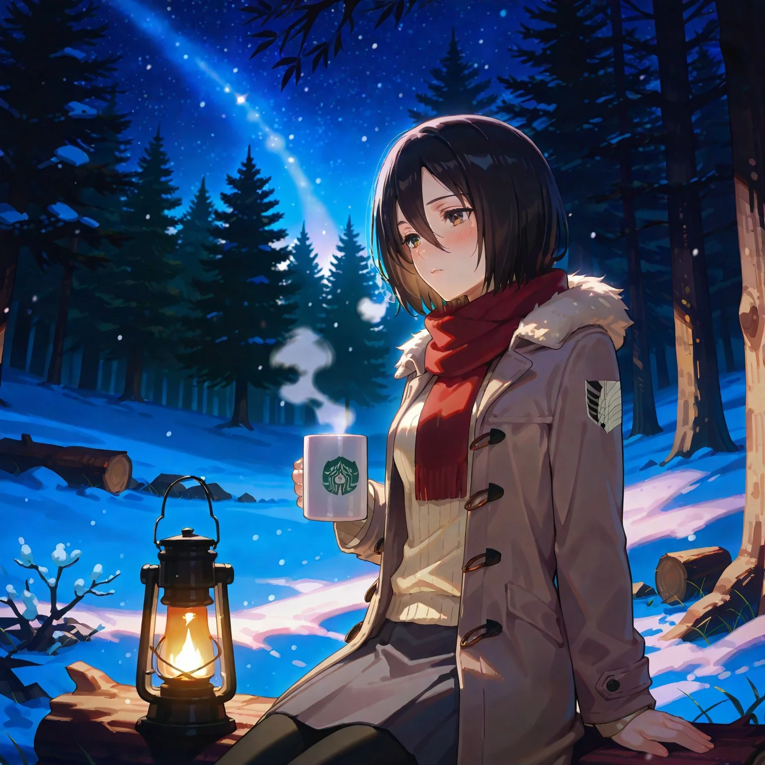 masterpiece,best quality,amazing quality, solo,very aesthetic,absurdres,ultra detailed face,solo,(by morikura en:0.8), (by rappa (rappaya):0.5), mikasa ackerman,mature woman, suzukasuraimu, 3d, scenery,
subtle details, lens flare, highly detailed skin,blush, beautiful light, detailed background, steam, red scarf, grabbing scarf, fur trim, plain mug with hot coffee, breathing out, snow, snow particles, alluring, coat, leggings, skirt, blush,outdoors, forest, detailed background, cute, small clouds, snowing, snow, sitting on log, wood, lantern standing on log, thick dark forest, dim background, volumetric lighting, tranquil smile, night, serene atmosphere, starry sky, wide shot, intricate trees, cowboy shot,
tall female,
warm lighting, flat illustration,