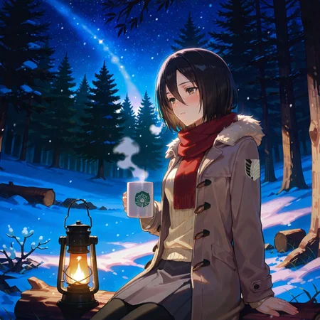 masterpiece,best quality,amazing quality, solo,very aesthetic,absurdres,ultra detailed face,solo,(by morikura en:0.8), (by rappa (rappaya):0.5), mikasa ackerman,mature woman, suzukasuraimu, 3d, scenery,
subtle details, lens flare, highly detailed skin,blush, beautiful light, detailed background, steam, red scarf, grabbing scarf, fur trim, plain mug with hot coffee, breathing out, snow, snow particles, alluring, coat, leggings, skirt, blush,outdoors, forest, detailed background, cute, small clouds, snowing, snow, sitting on log, wood, lantern standing on log, thick dark forest, dim background, volumetric lighting, tranquil smile, night, serene atmosphere, starry sky, wide shot, intricate trees, cowboy shot,
tall female,
warm lighting, flat illustration,