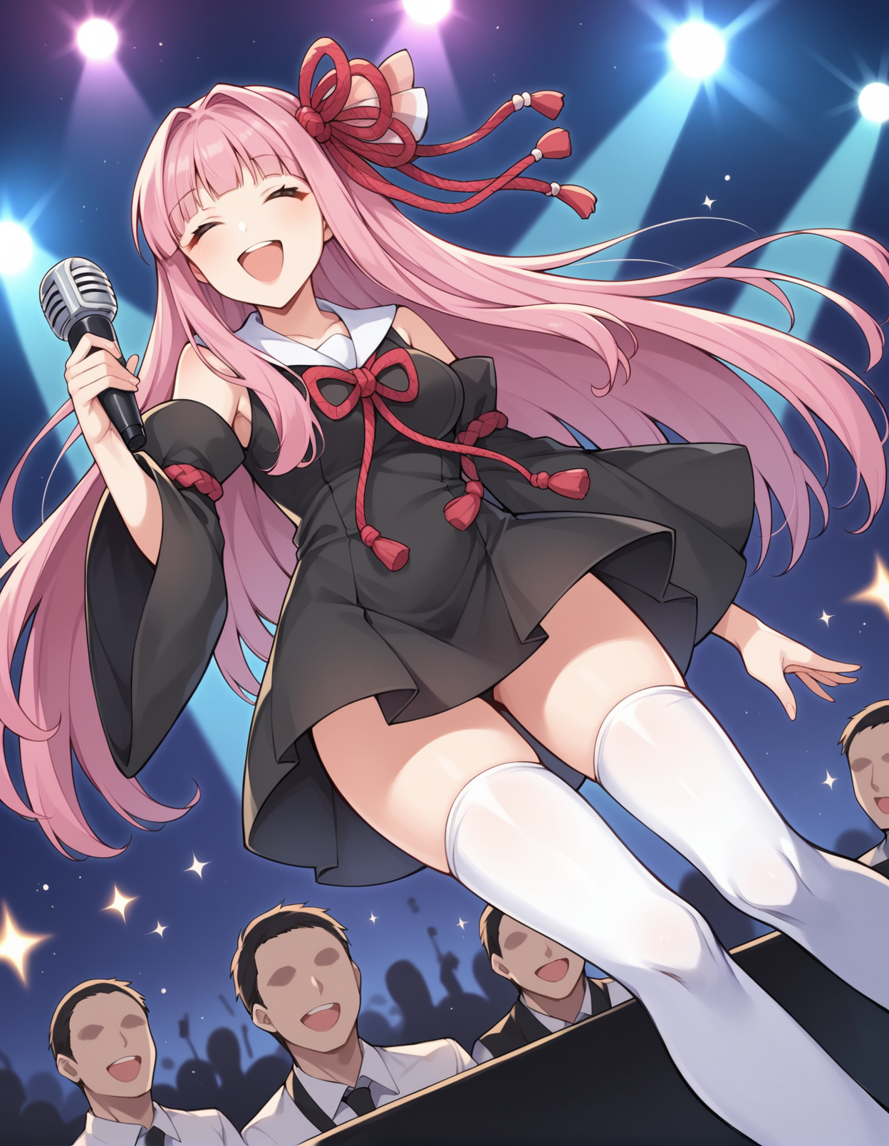 score_9, score_8_up, score_7_up, score_6_up, score_5_up, score_4_up, source_anime, rating_safe, BREAK <lora:akaneXL_LoRA-C3Lier_AdamW_Dim16_Alpha16_UN-3e-4_TE-1.5e-4_10batch_ponyDiffusionV6XL_v6StartWithThisOne:1>, kotonoha akane, 1girl, pink hair, long hair, blunt bangs, closed eyes, medium breasts, hair ribbon, multicolored ribbon, black dress, collared dress, white sailor collar, detached sleeves, wide sleeves, red ribbon, black skirt, thighhighs, happy, smile, holding microphone, dutch angle, from below, singing, stage, stage lights, crowd, concert