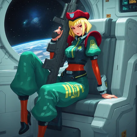 masterpiece, best quality, amazing quality, psoramarl, 1girl, solo, blonde hair, blunt cut, medium hair, sidelocks, red eyes, lipstick, orange undershirt, long sleeves, military uniform, puffy sleeves, green uniform, waist armor, red shoulder pads, armor, red beret, baggy pants, arm guard, belt, heels, yellow stockings, heels, holding rifle, indoors, space colony, window, planet, stars, sitting