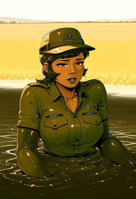 score_9, score_8_up, score_7_up, 1girl, solo, attractive woman, cinematic, Botswanian woman, dark skin, safari guide, safari outfit, chest-deep in brown quicksand, struggling, dynamic pose, savannah background, dynamic angle