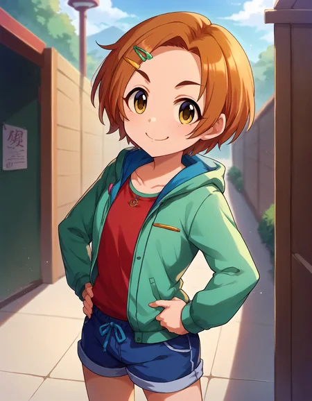 score_9,score_8_up,score_7_up,1girl,solo,cowboy shot,looking at viewer,smile,closed mouth,hands on hips,outdoors,
<lora:ryuuzakikaoru_ponyXLV6:0.8>,cgrk,
orange hair,short hair,hairclip,yellow eyes,
green jacket,hoodie,red shirt,blue shorts